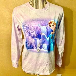 Disney Frozen Tee XS Purple Pink Tie Dye Elsa Winter Scene Print Long Sleeved